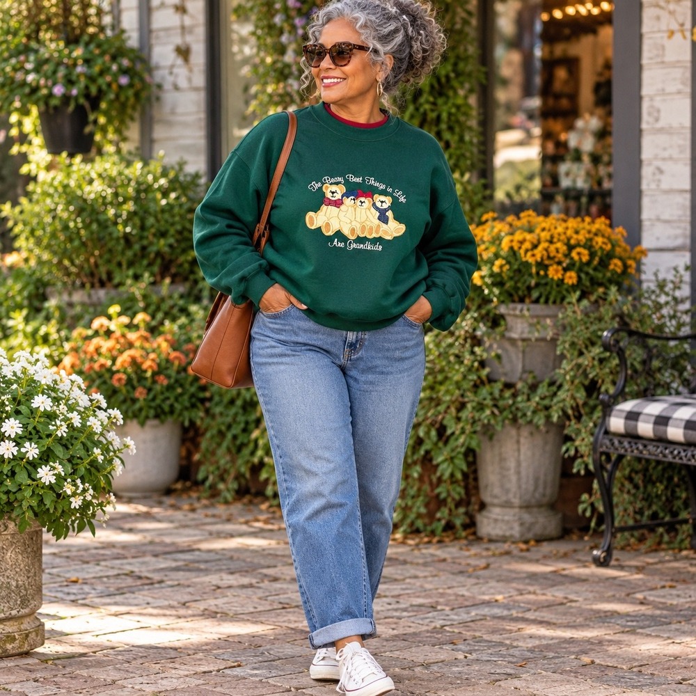 Vintage Large Grandmother Sweater Long Sleeve Embroidered Grandkids Bear Cotton